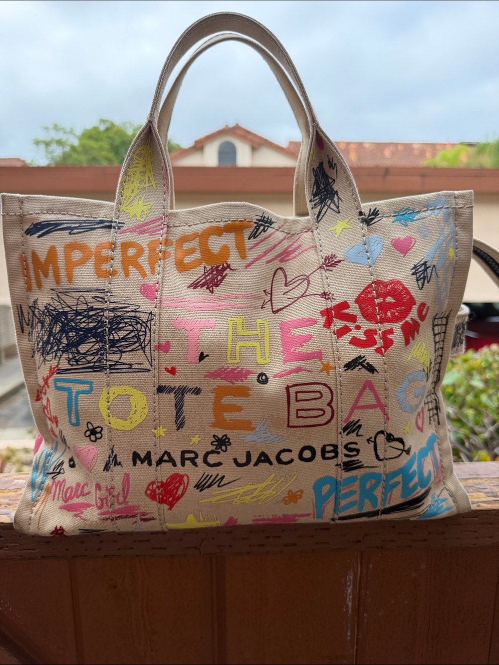 Marc Jacobs Beige Canvas Tote with Multicolor Graffiti Print scribble tote